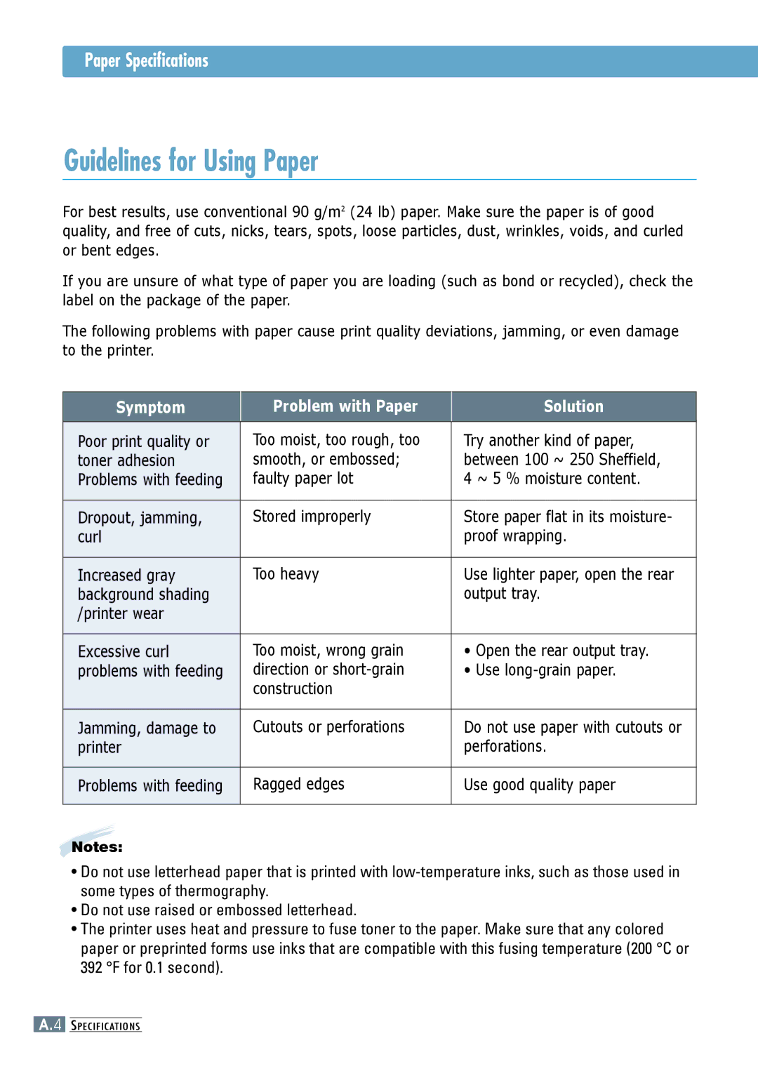 Samsung ML-6060N, ML-6060S manual Guidelines for Using Paper 