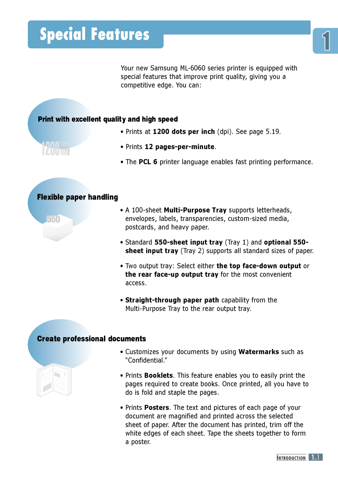 Samsung ML-6060S, ML-6060N manual Special Features, Prints at 1200 dots per inch dpi. See, Prints 12 pages-per-minute 