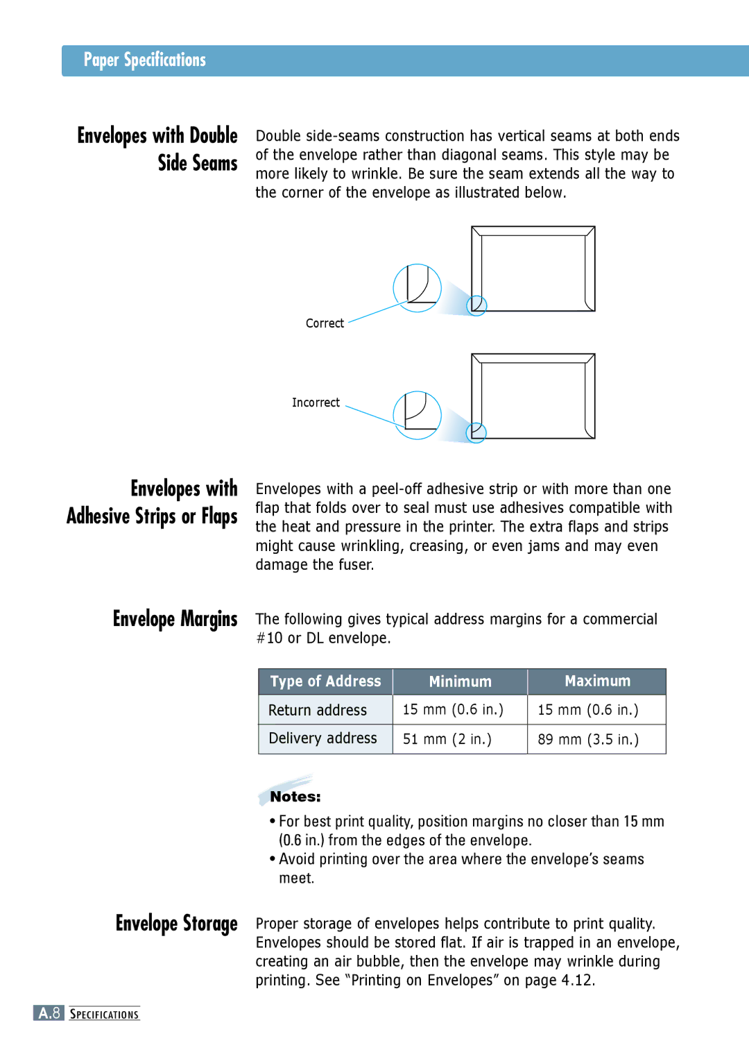 Samsung ML-6060S, ML-6060N manual Paper Specifications, Return address 