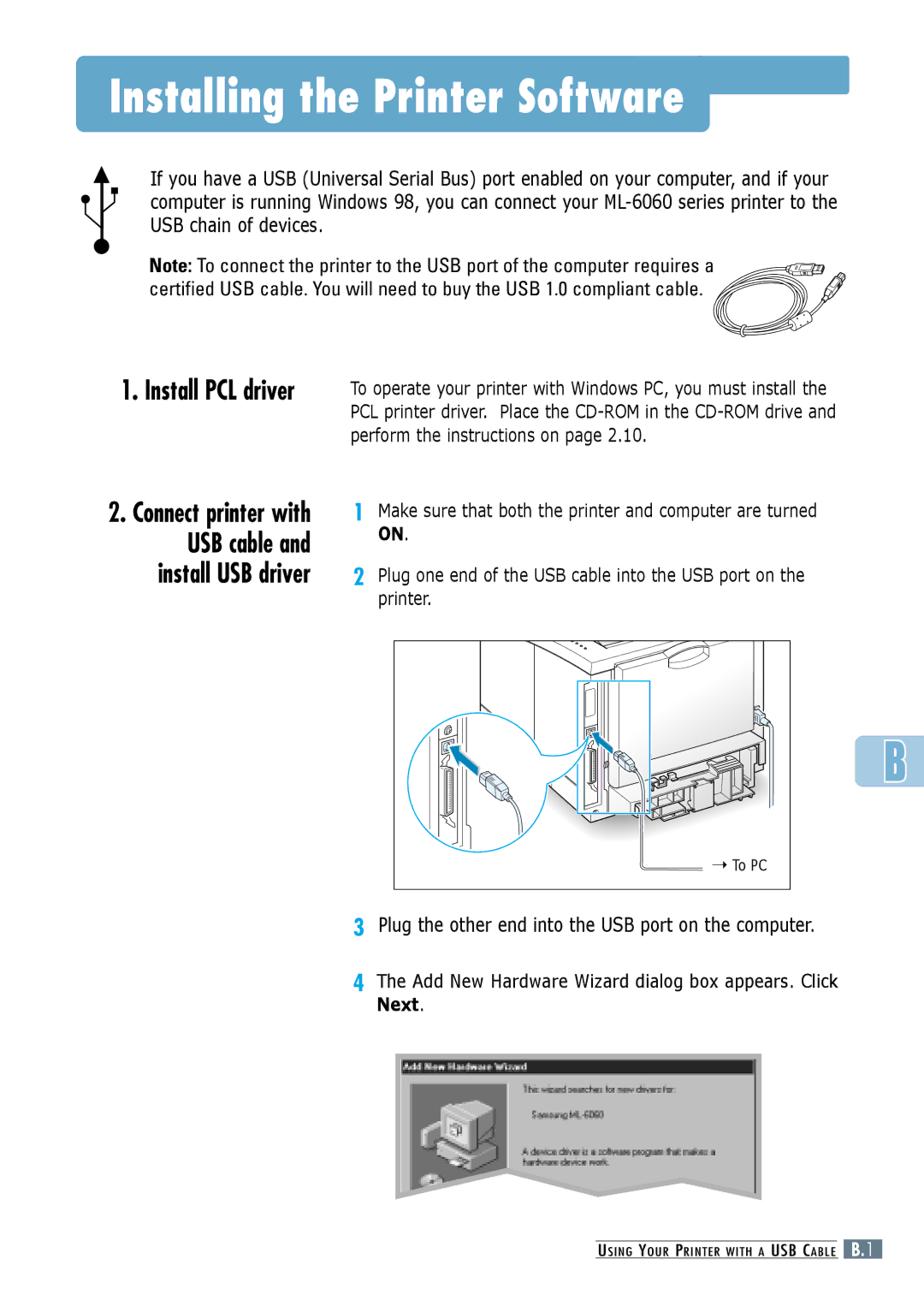 Samsung ML-6060S, ML-6060N manual Installing the Printer Software, Plug the other end into the USB port on the computer 