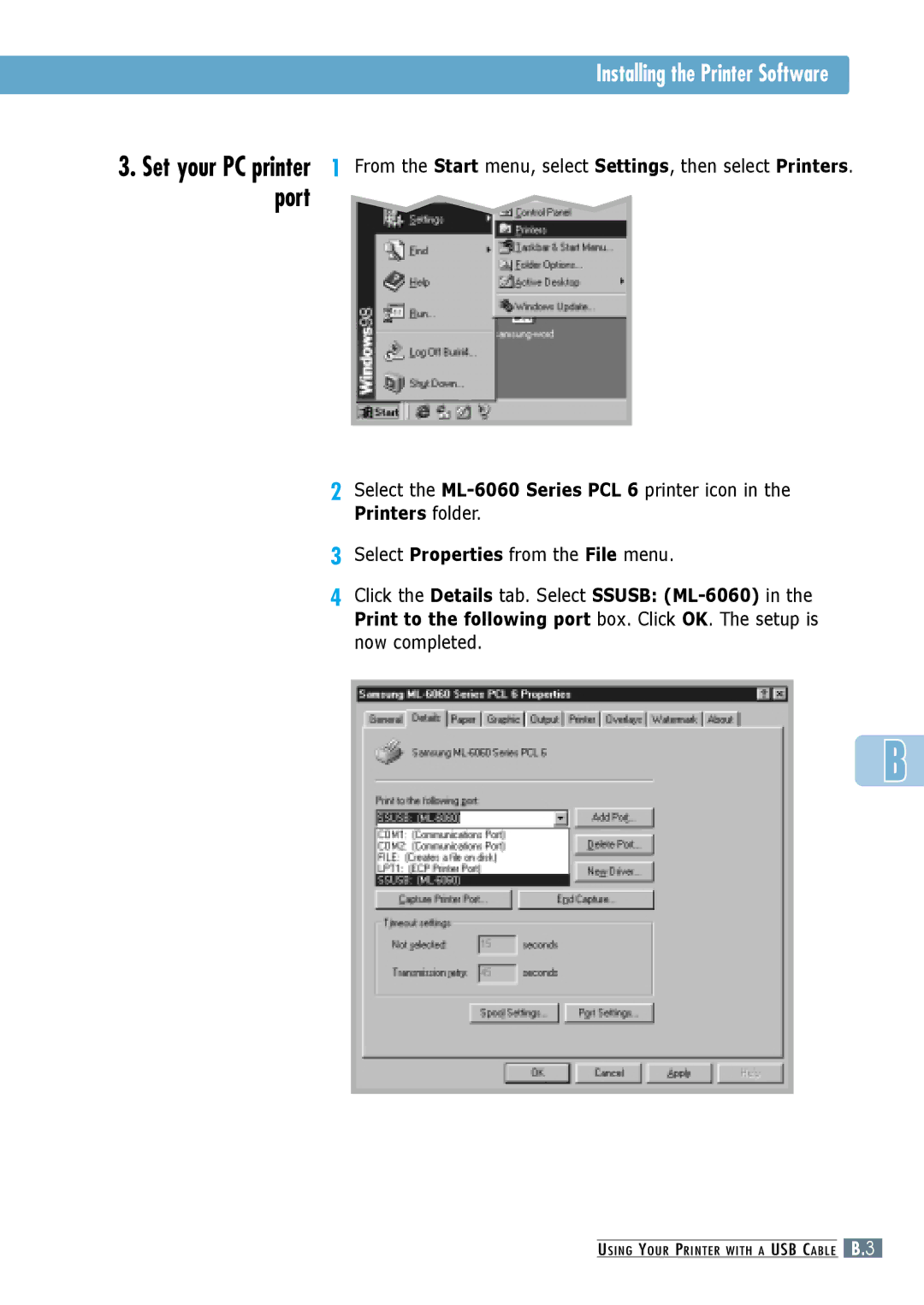 Samsung ML-6060N, ML-6060S manual Set your PC printer port 