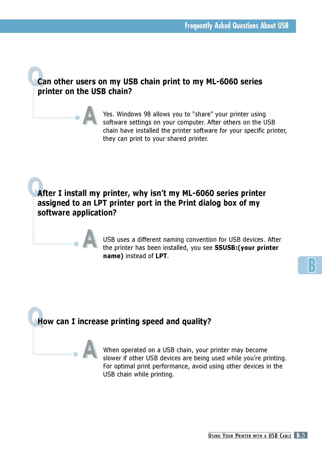 Samsung ML-6060S, ML-6060N manual Frequently Asked Questions About USB, QHow can I increase printing speed and quality? 