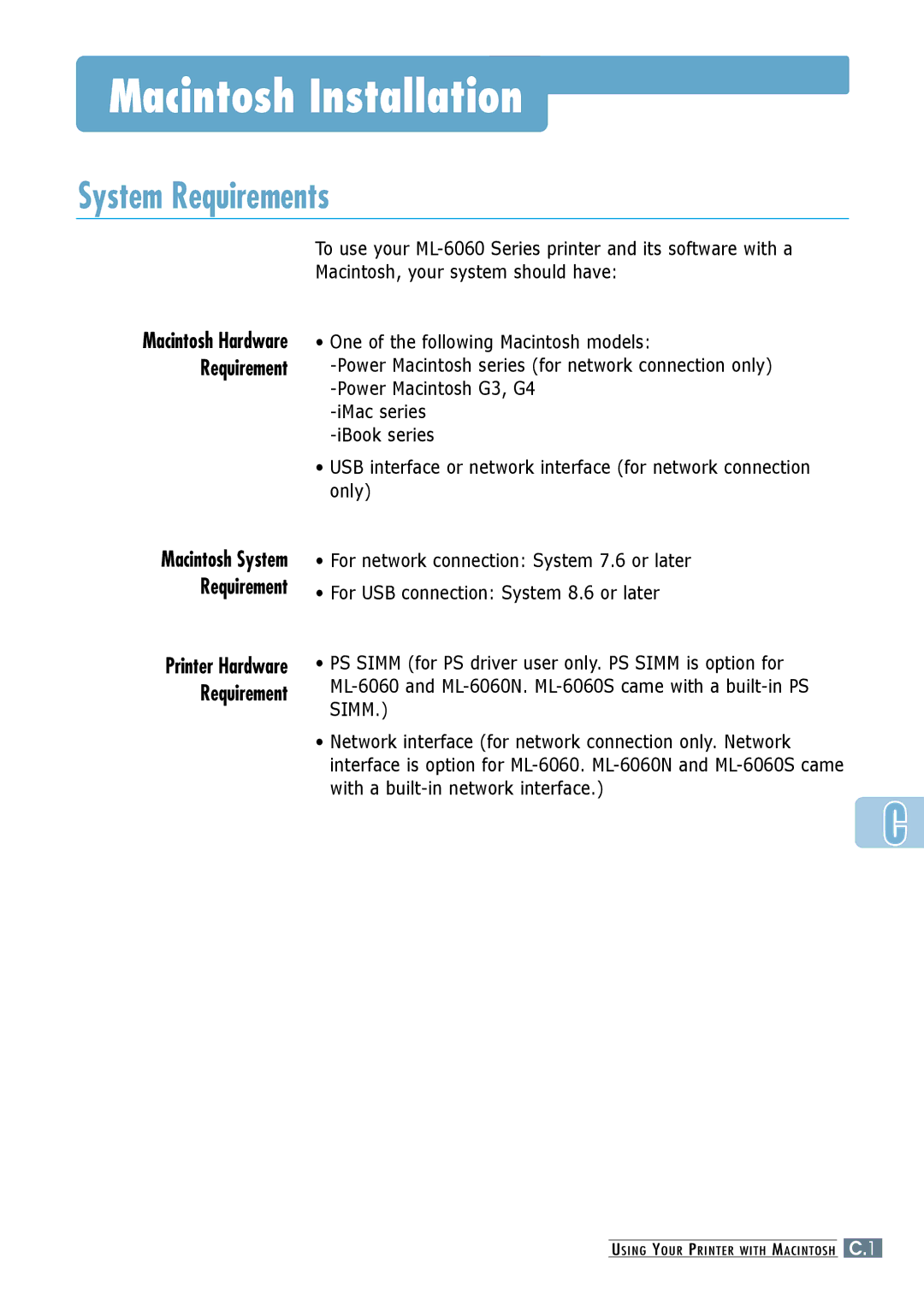 Samsung ML-6060S, ML-6060N manual Macintosh Installation, System Requirements 