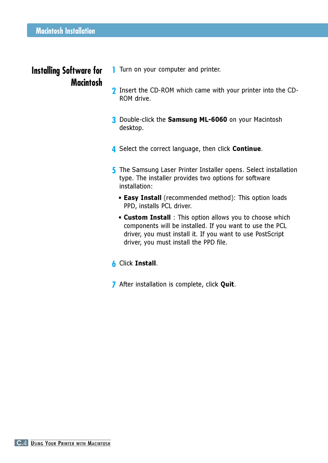 Samsung ML-6060S, ML-6060N manual Macintosh Installation, Click Install After installation is complete, click Quit 