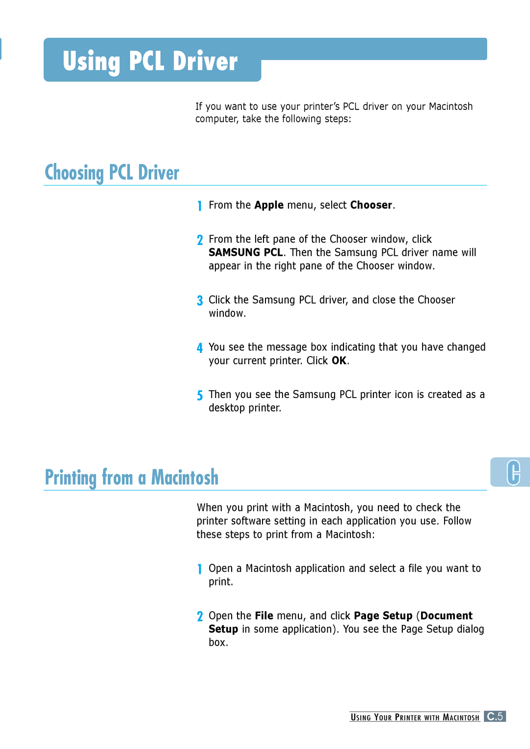 Samsung ML-6060 Using PCL Driver, Choosing PCL Driver, Printing from a Macintosh, From the Apple menu, select Chooser 