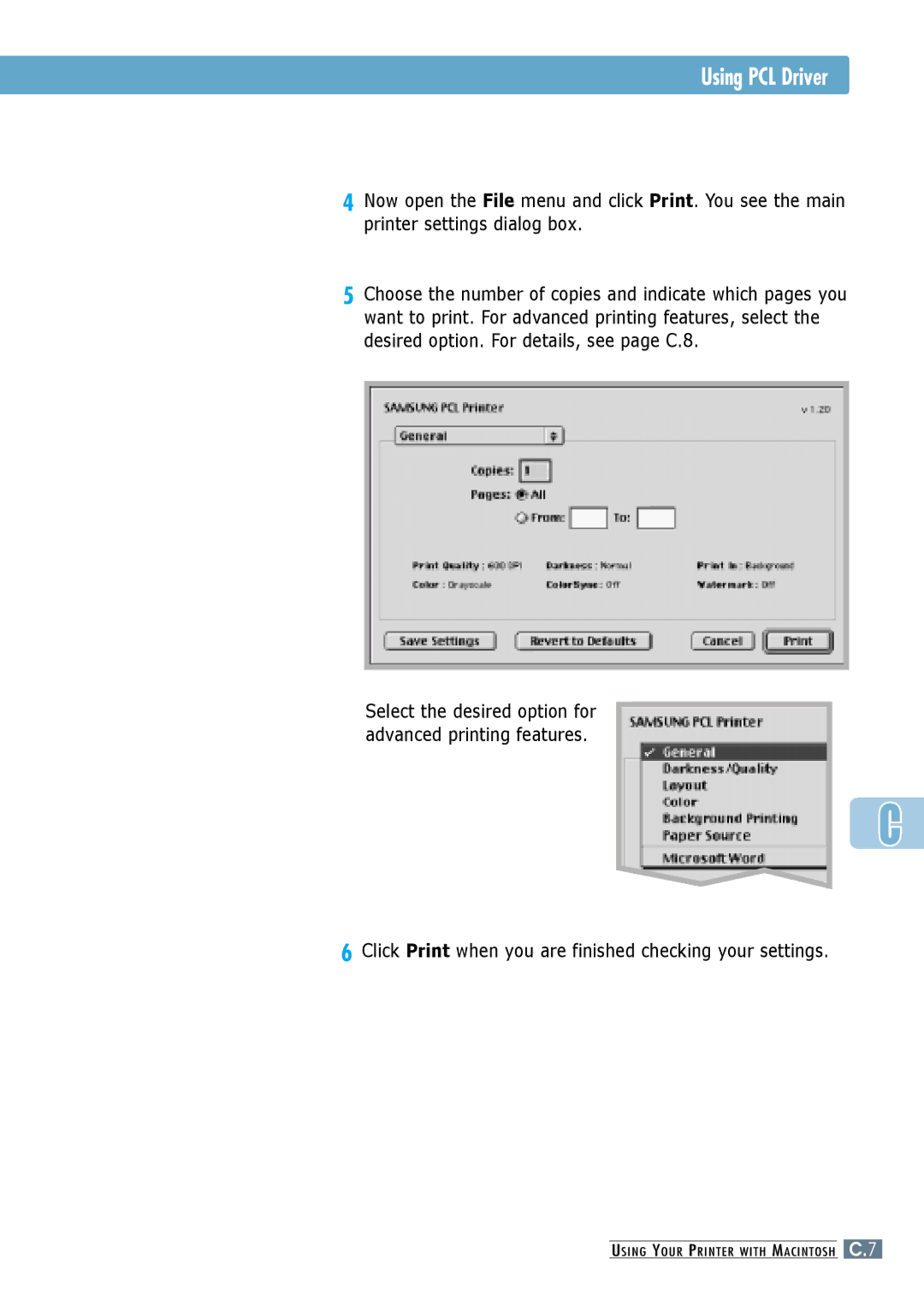 Samsung ML-6060S, ML-6060N manual Click Print when you are finished checking your settings 