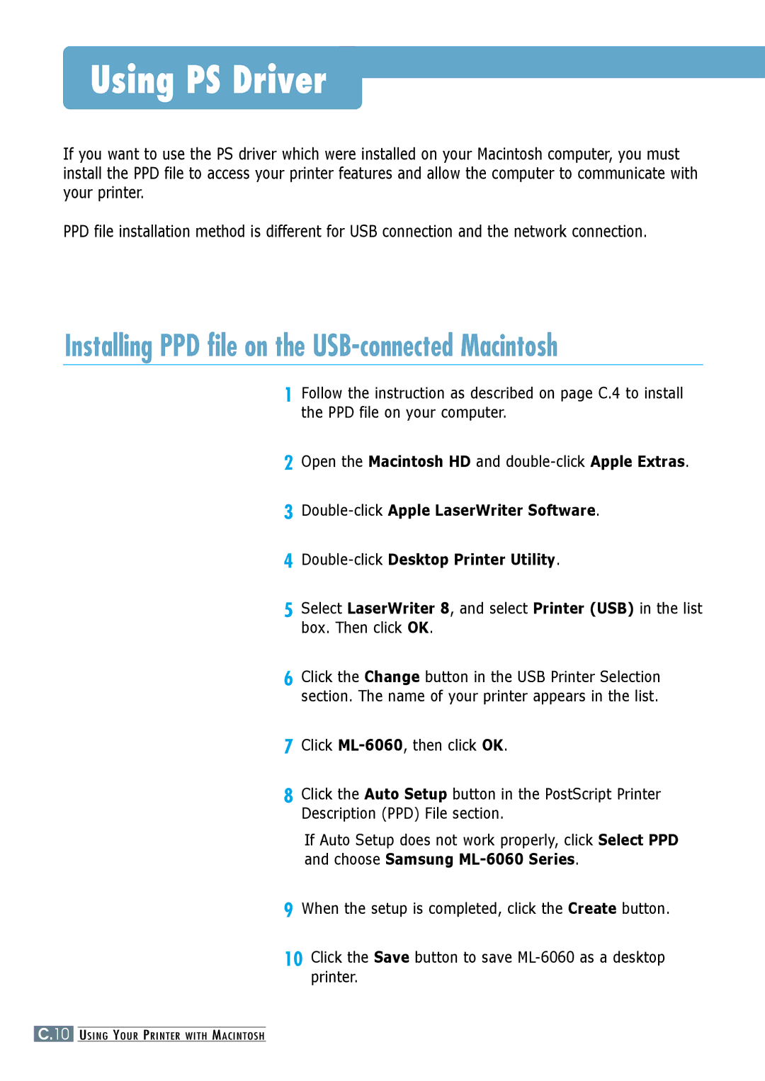 Samsung ML-6060S, ML-6060N manual Using PS Driver, Installing PPD file on the USB-connected Macintosh 