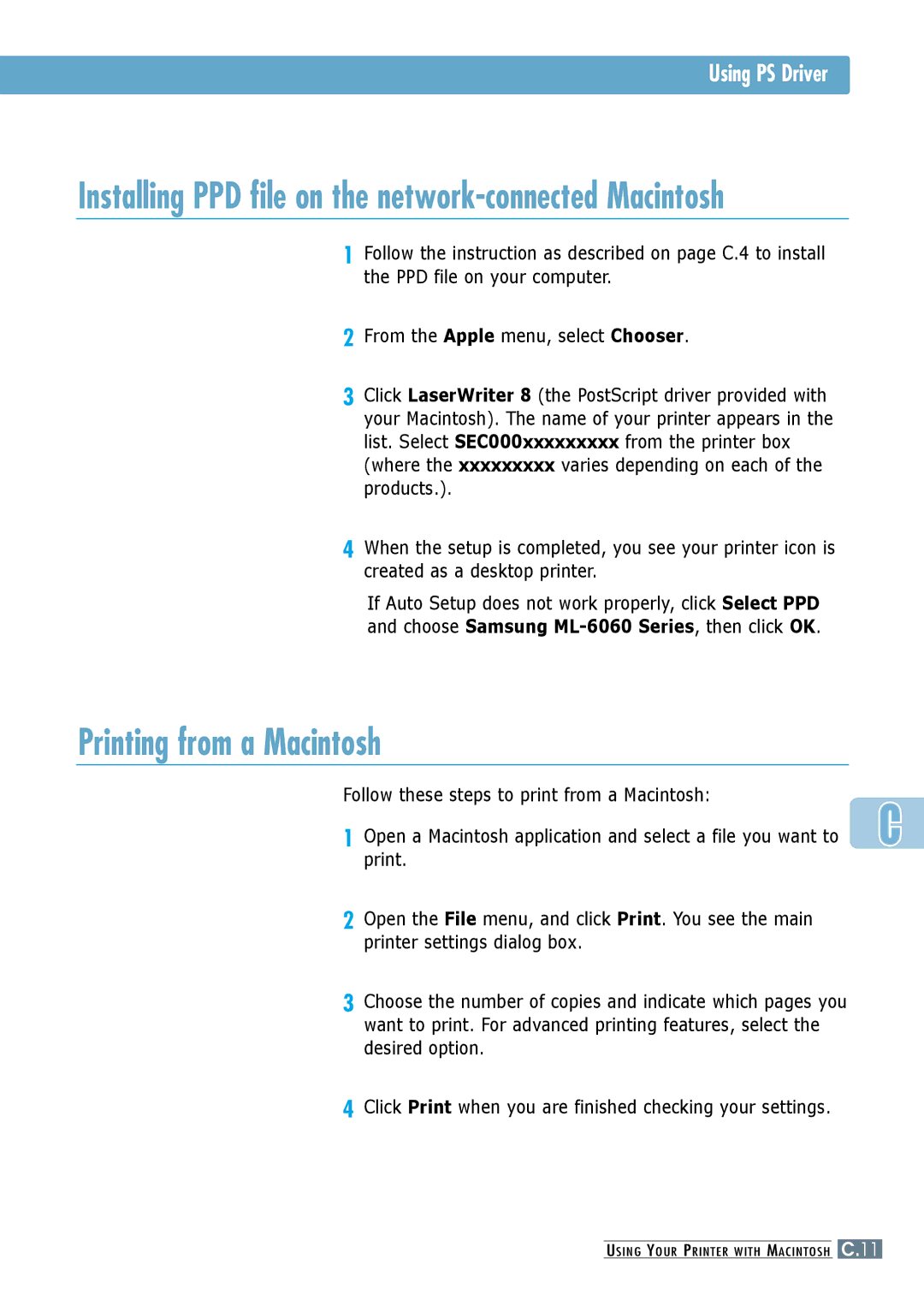 Samsung ML-6060S, ML-6060N manual Installing PPD file on the network-connected Macintosh, Using PS Driver 