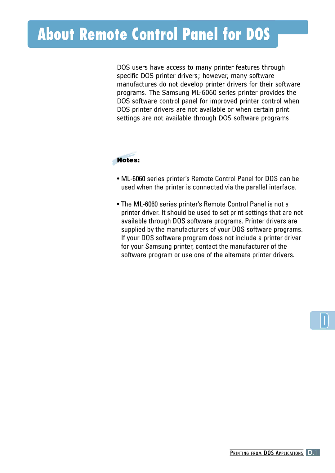 Samsung ML-6060S, ML-6060N manual About Remote Control Panel for DOS 