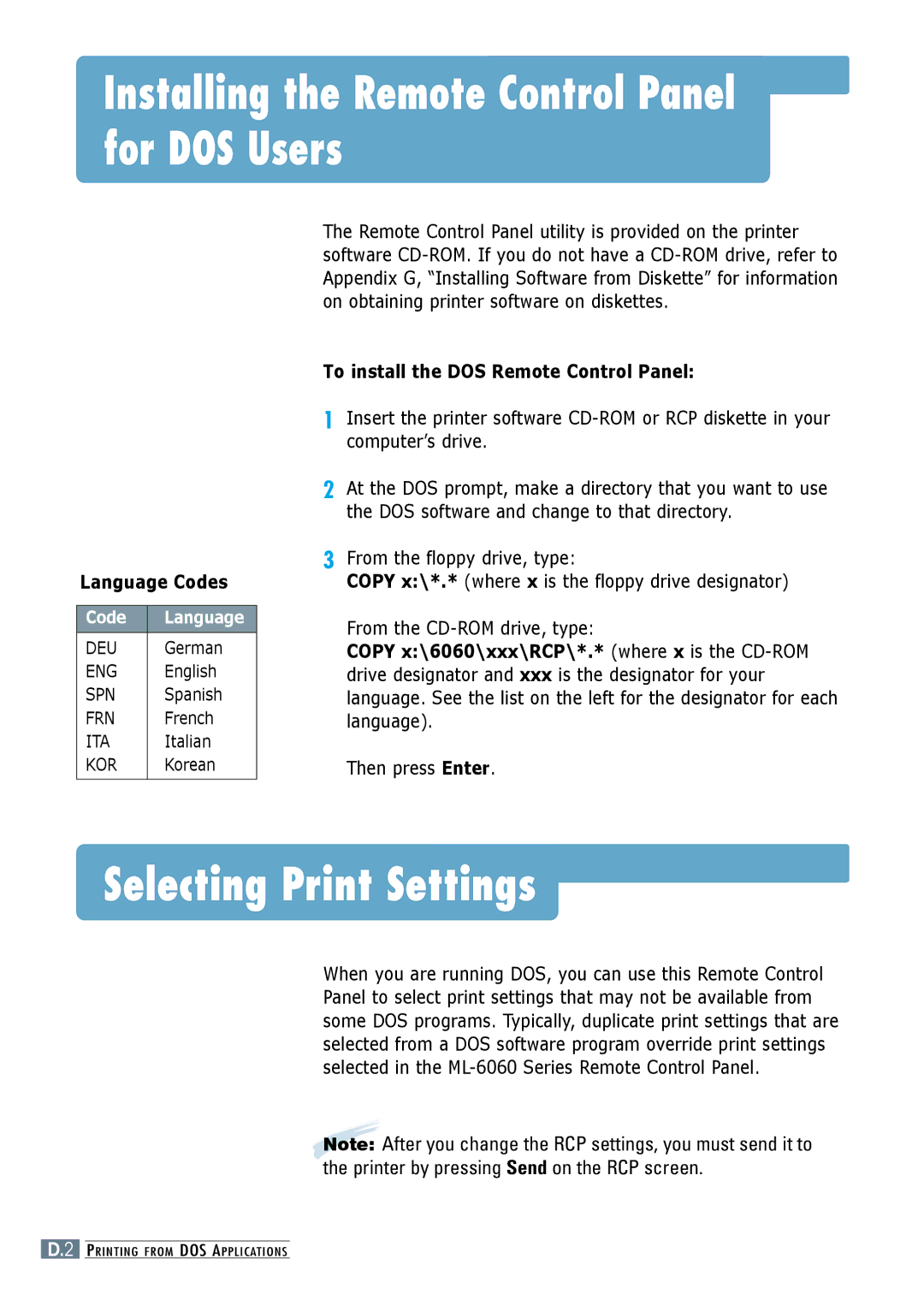 Samsung ML-6060S, ML-6060N Installing the Remote Control Panel for DOS Users, Selecting Print Settings, Language Codes 