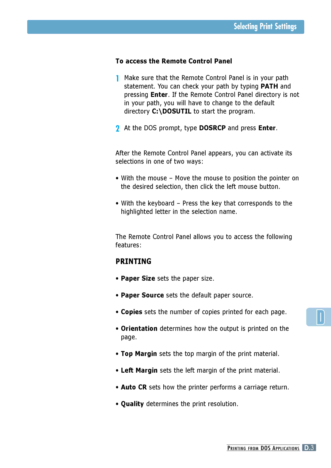 Samsung ML-6060N, ML-6060S manual Selecting Print Settings, To access the Remote Control Panel 