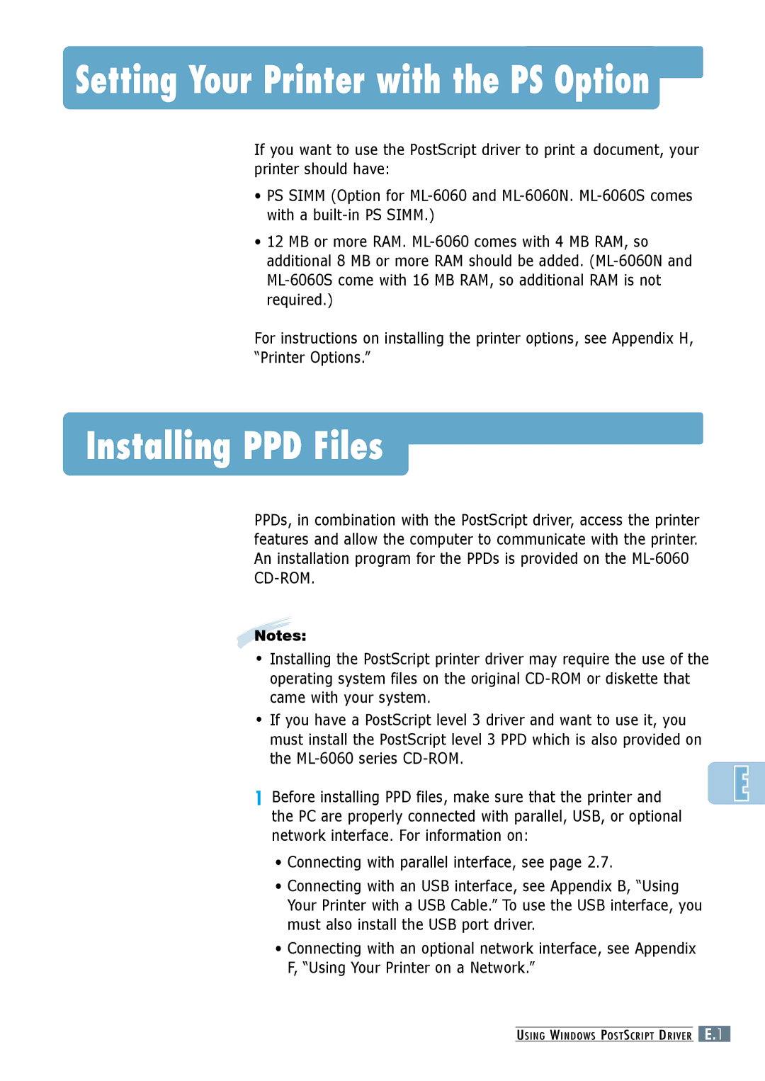 Samsung ML-6060S Setting Your Printer with the PS Option, Installing PPD Files, Connecting with parallel interface, see 