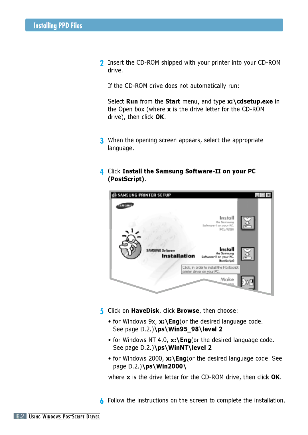 Samsung ML-6060S, ML-6060N manual Installing PPD Files, Click Install the Samsung Software-II on your PC PostScript 