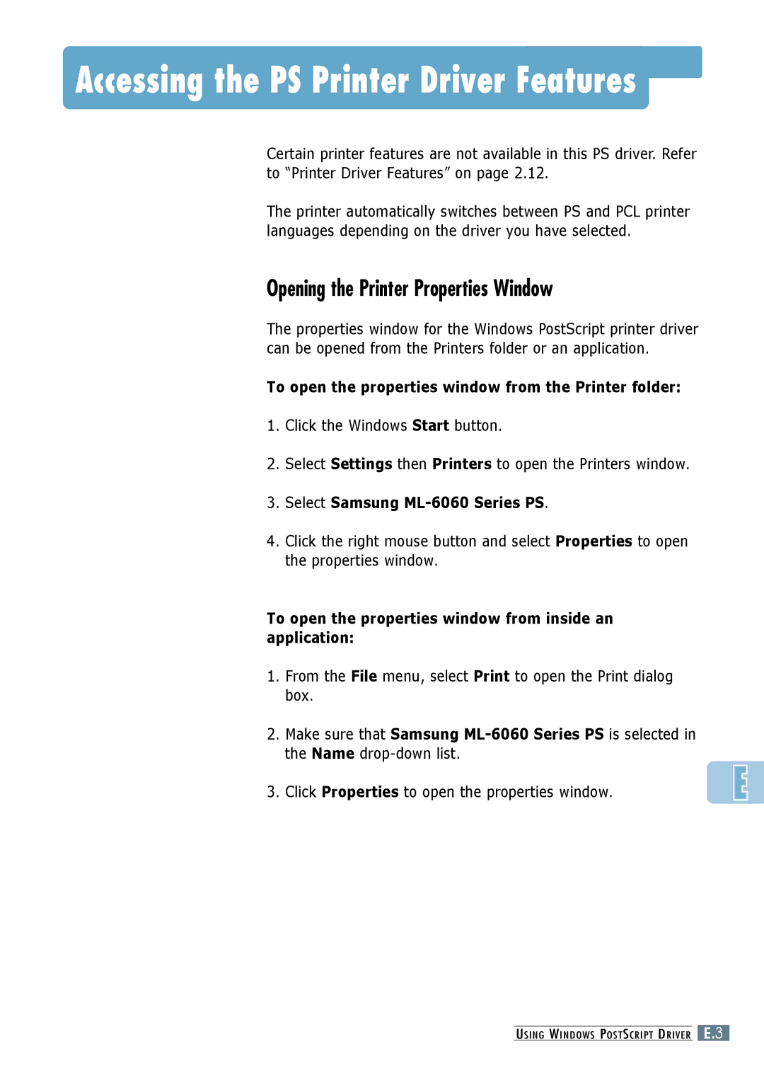 Samsung ML-6060N, ML-6060S manual To open the properties window from the Printer folder, Select Samsung ML-6060 Series PS 