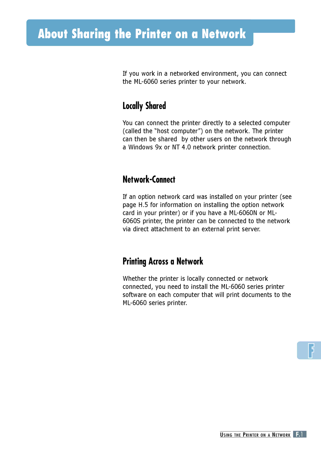 Samsung ML-6060S, ML-6060N manual About Sharing the Printer on a Network 