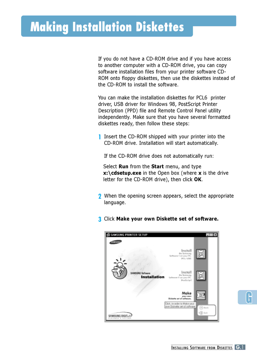 Samsung ML-6060N, ML-6060S manual Making Installation Diskettes, Click Make your own Diskette set of software 