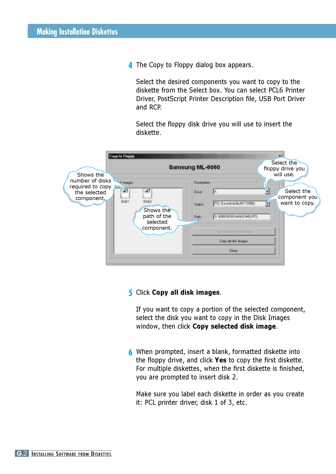 Samsung ML-6060S, ML-6060N manual Making Installation Diskettes, Click Copy all disk images 