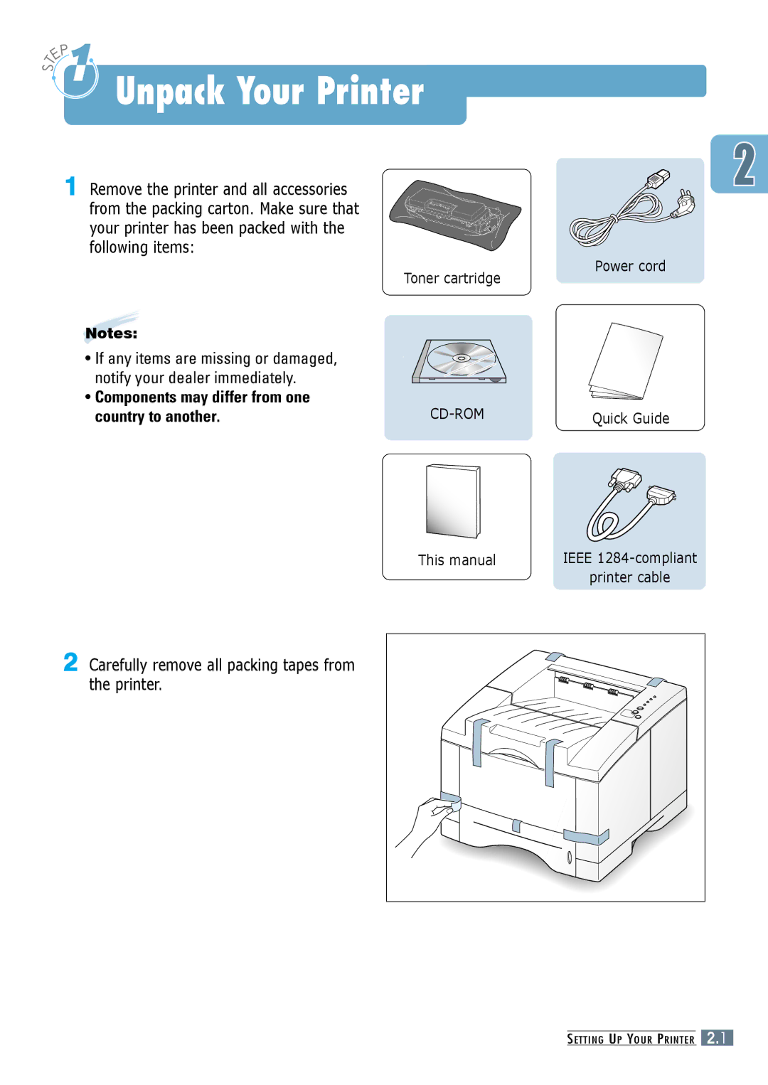 Samsung ML-6060S, ML-6060N manual Unpack Your Printer, Carefully remove all packing tapes from the printer 