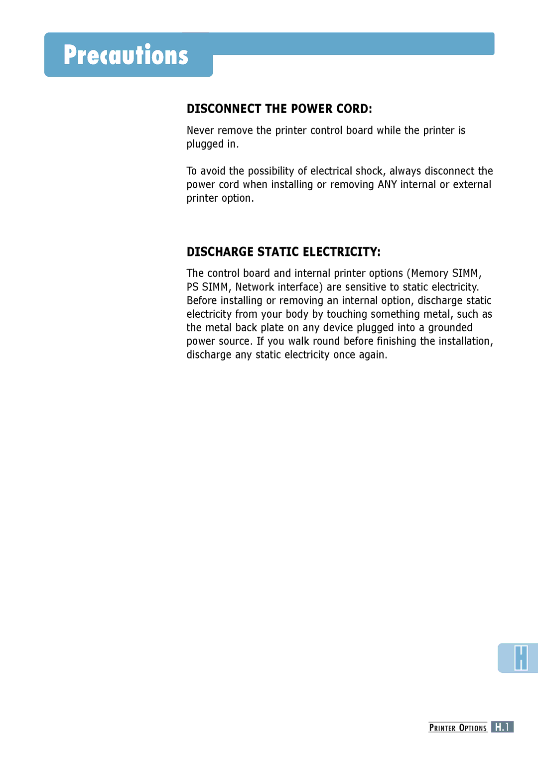 Samsung ML-6060S, ML-6060N manual Precautions, Disconnect the Power Cord 