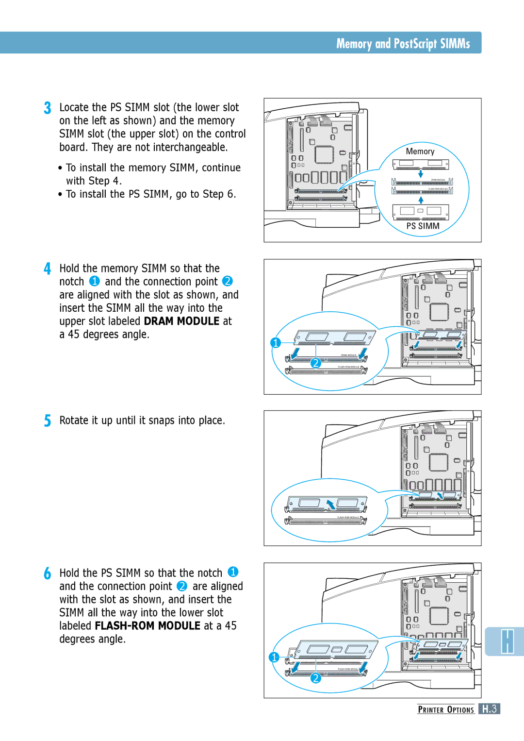 Samsung ML-6060N, ML-6060S manual Memory and PostScript SIMMs, Rotate it up until it snaps into place 