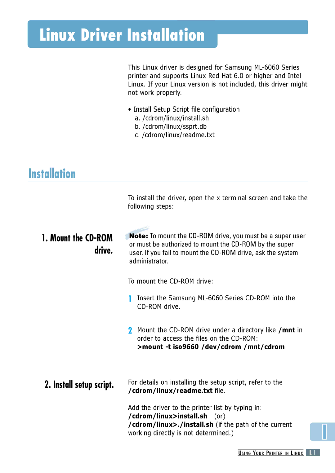 Samsung ML-6060N, ML-6060S manual Linux Driver Installation, Install Setup Script file configuration 