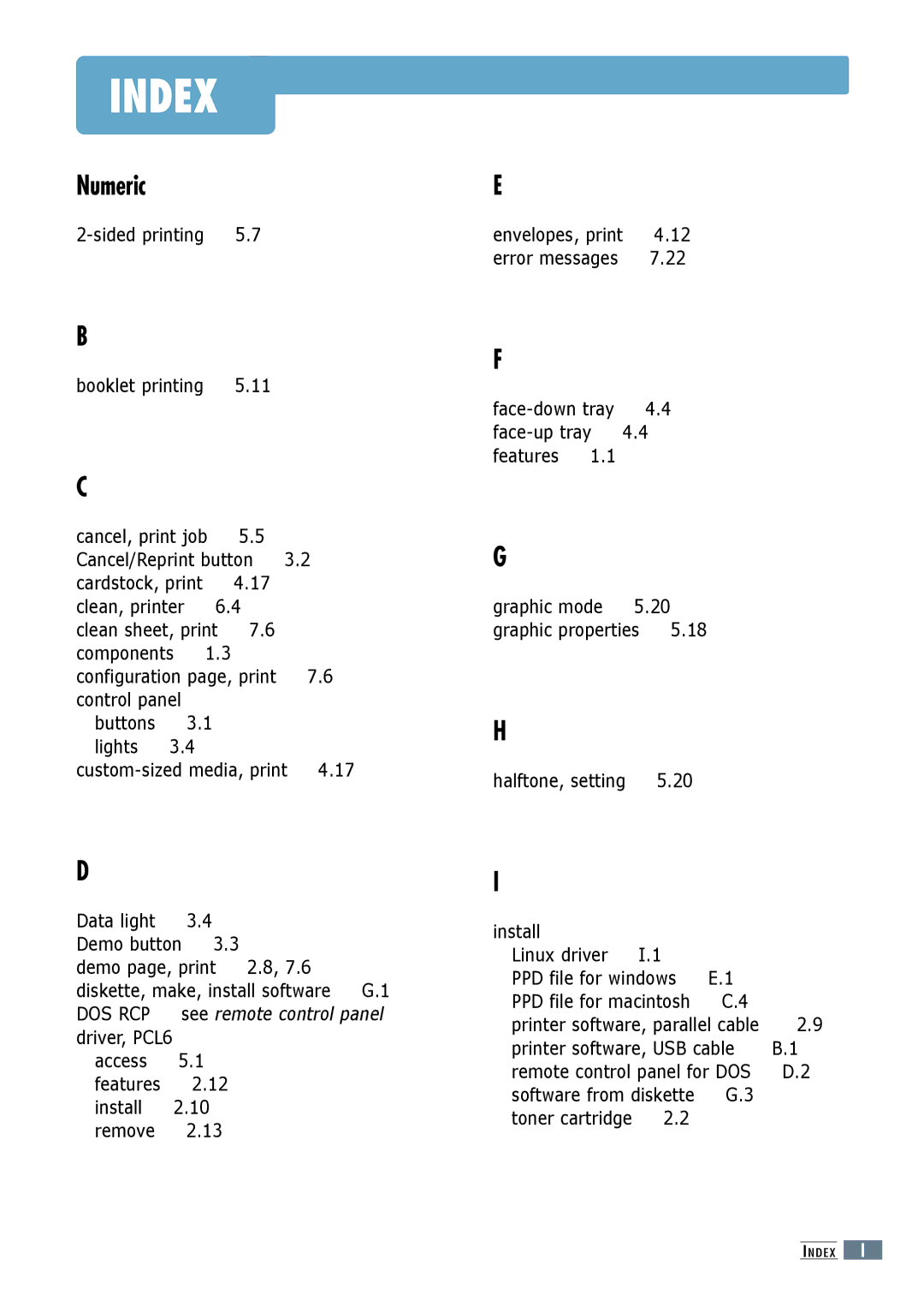 Samsung ML-6060 Cancel, print job, Cardstock, print, Lights, Data light, Access Features Install Remove, Error messages 