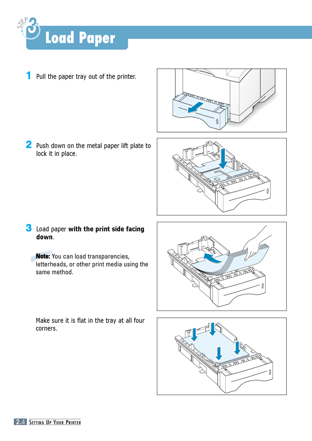 Samsung ML-6060S manual Load paper with the print side facing down, Make sure it is flat in the tray at all four corners 