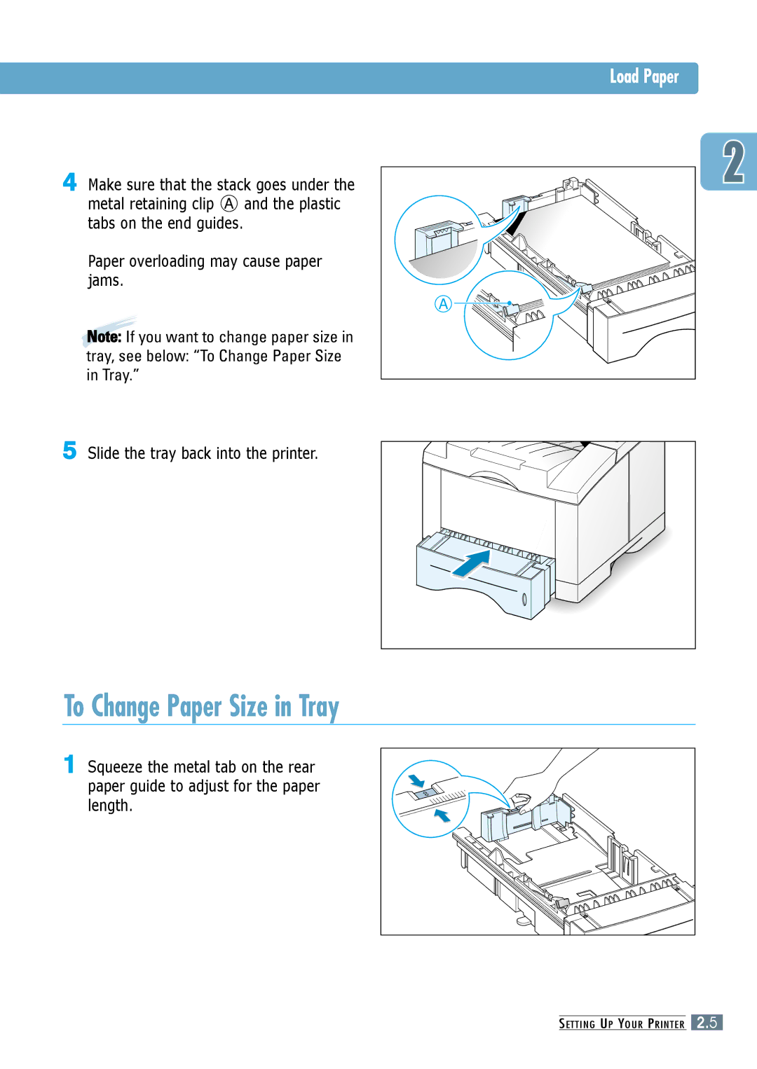 Samsung ML-6060N, ML-6060S manual To Change Paper Size in Tray, Load Paper, Paper overloading may cause paper jams 