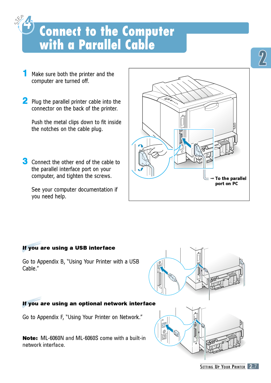 Samsung ML-6060 Go to Appendix B, Using Your Printer with a USB Cable, Go to Appendix F, Using Your Printer on Network 