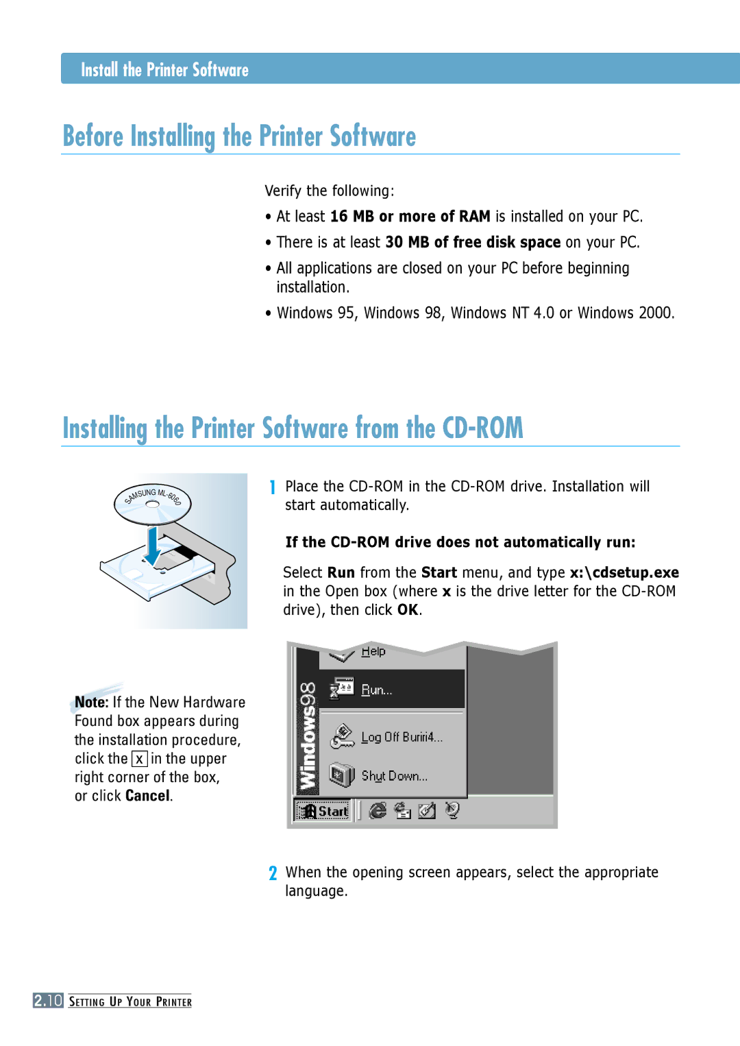 Samsung ML-6060S, ML-6060N Before Installing the Printer Software, Install the Printer Software, Verify the following 