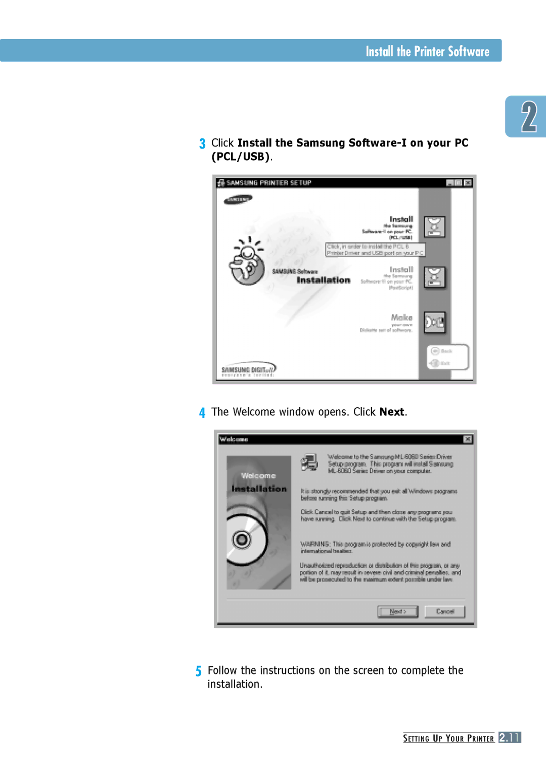 Samsung ML-6060N, ML-6060S manual Click Install the Samsung Software-I on your PC PCL/USB 