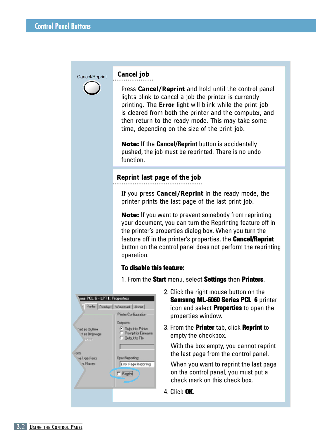 Samsung ML-6060S, ML-6060N manual Control Panel Buttons, Cancel job, Reprint last page of the job 
