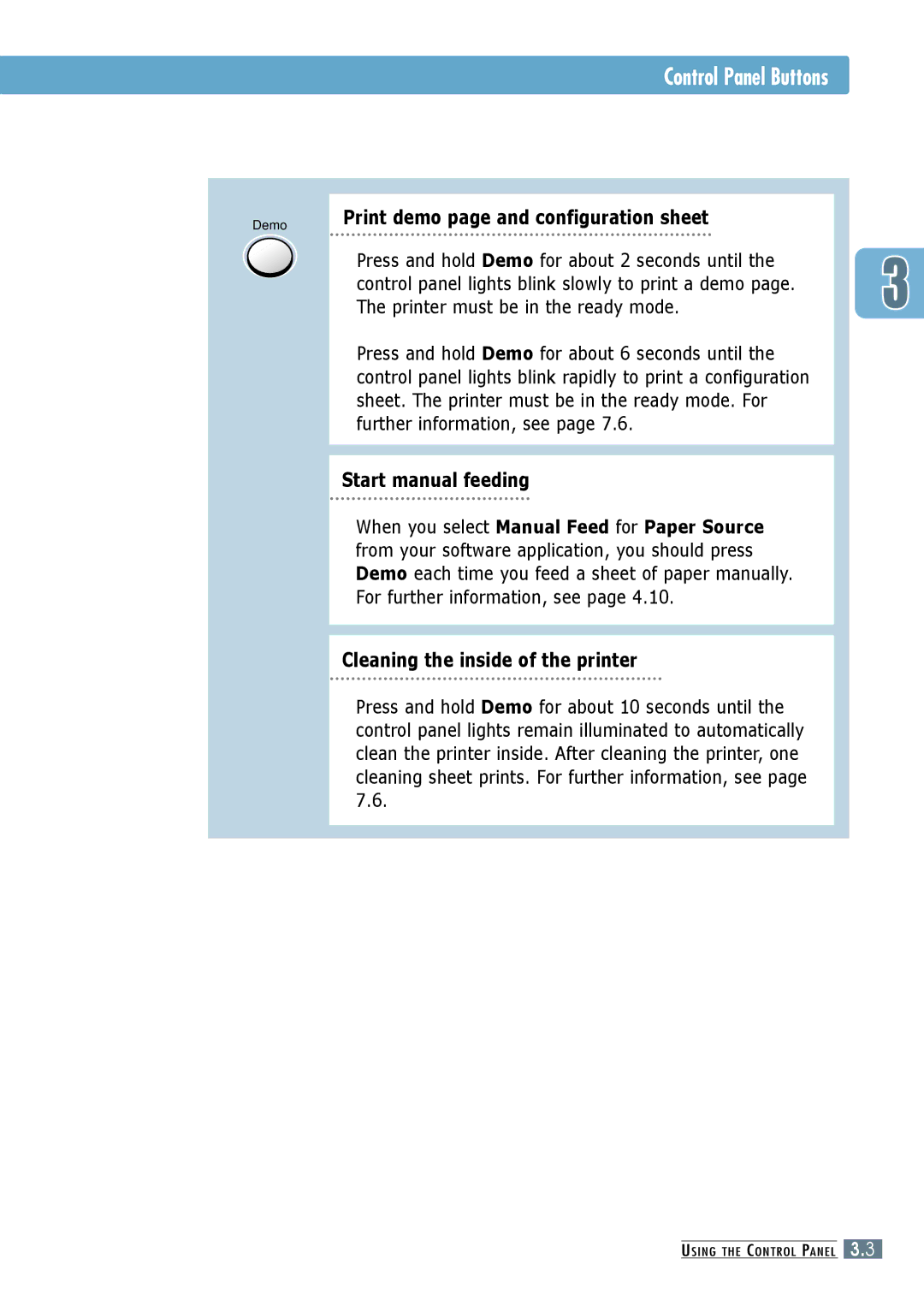 Samsung ML-6060N Print demo page and configuration sheet, Start manual feeding, Cleaning the inside of the printer 