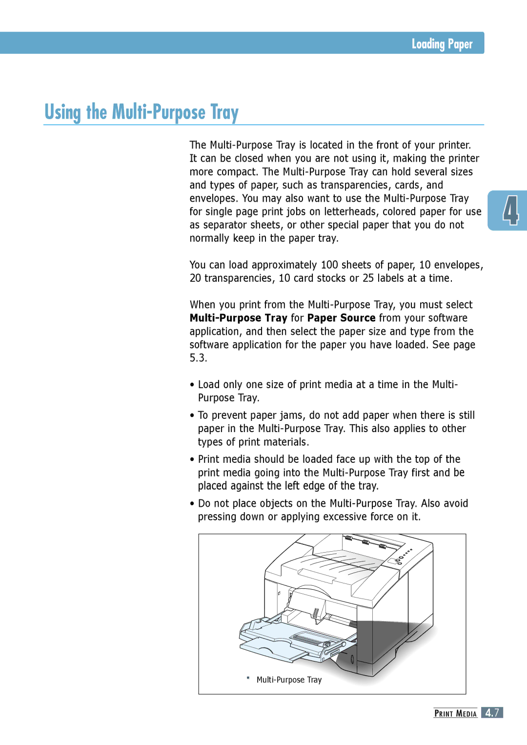 Samsung ML-6060S, ML-6060N manual Using the Multi-Purpose Tray, Loading Paper 