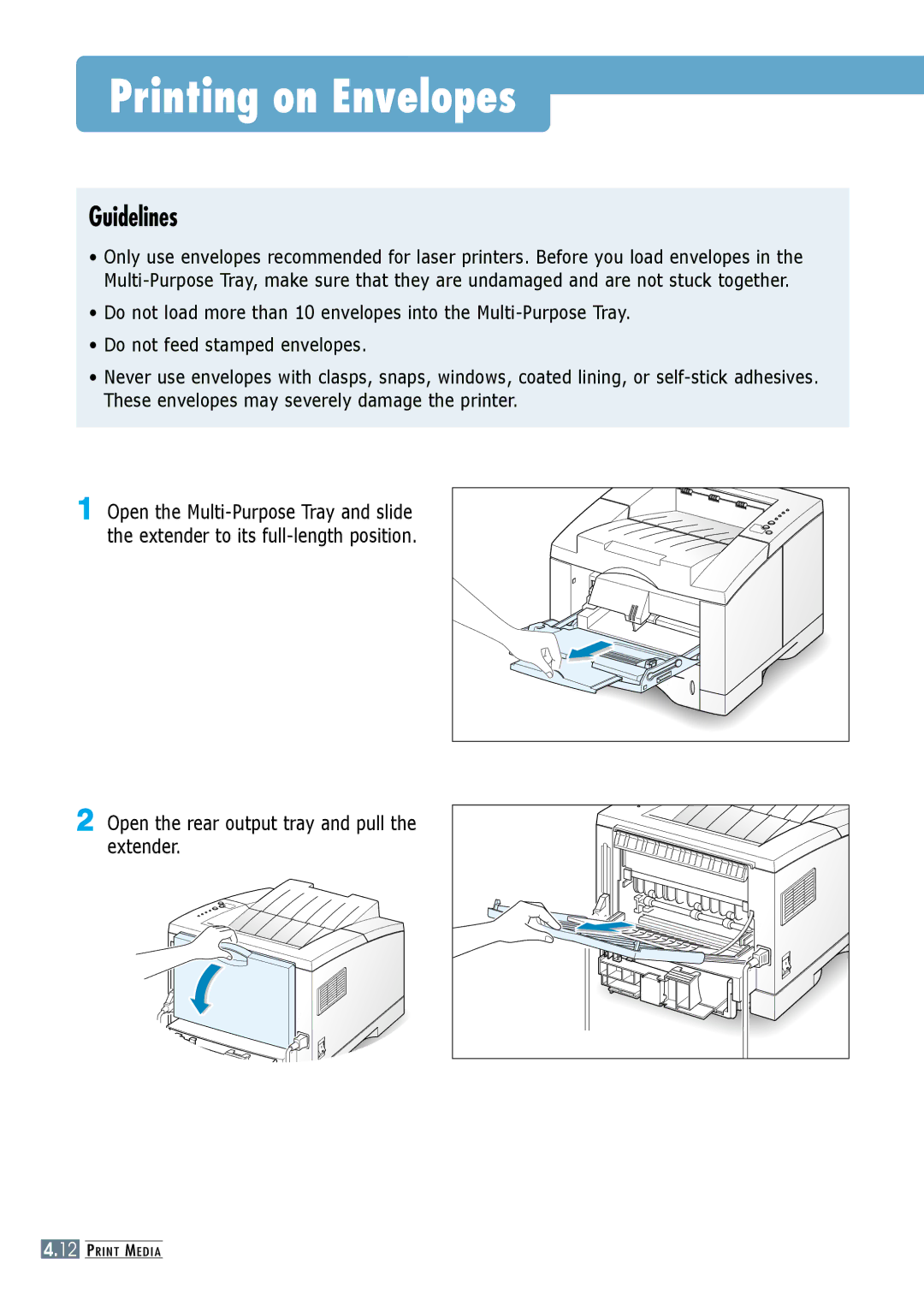 Samsung ML-6060N, ML-6060S manual Printing on Envelopes, Open the rear output tray and pull the extender 