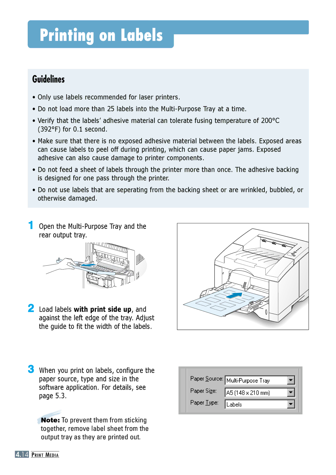 Samsung ML-6060S, ML-6060N manual Printing on Labels, Open the Multi-Purpose Tray and the rear output tray 