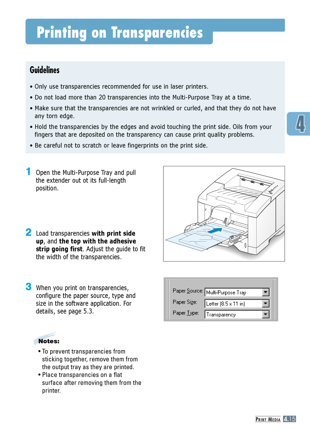 Samsung ML-6060N, ML-6060S manual Printing on Transparencies 