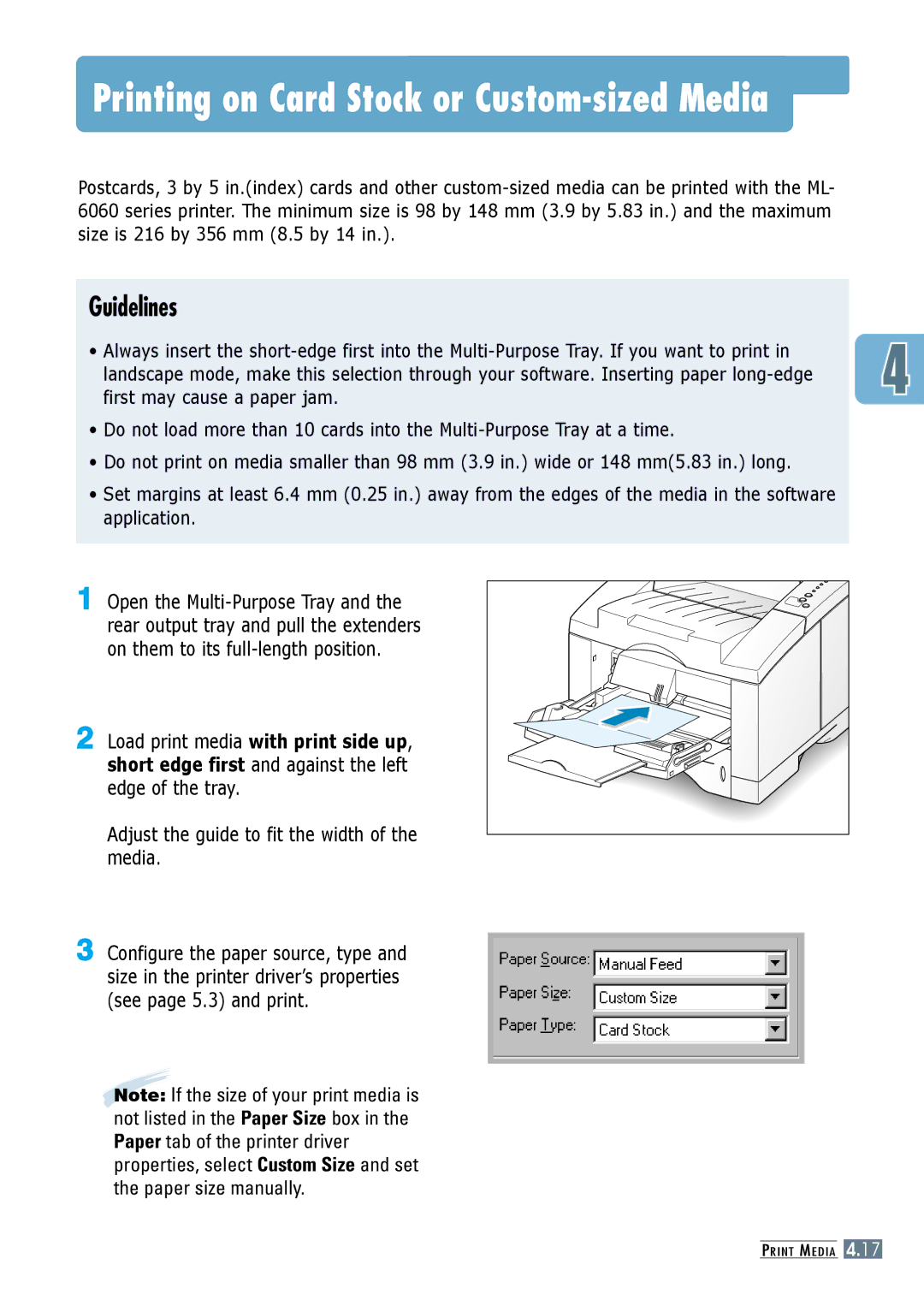 Samsung ML-6060S, ML-6060N Printing on Card Stock or Custom-sized Media, Adjust the guide to fit the width of the media 