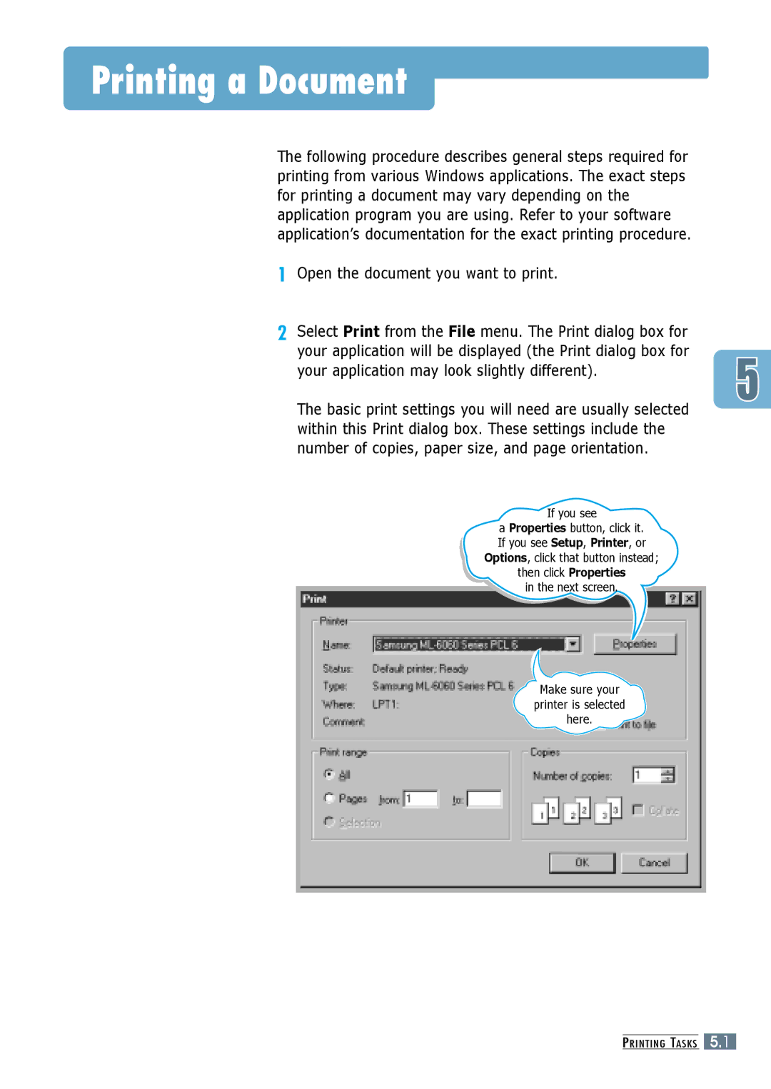 Samsung ML-6060S, ML-6060N manual Printing a Document, Open the document you want to print 