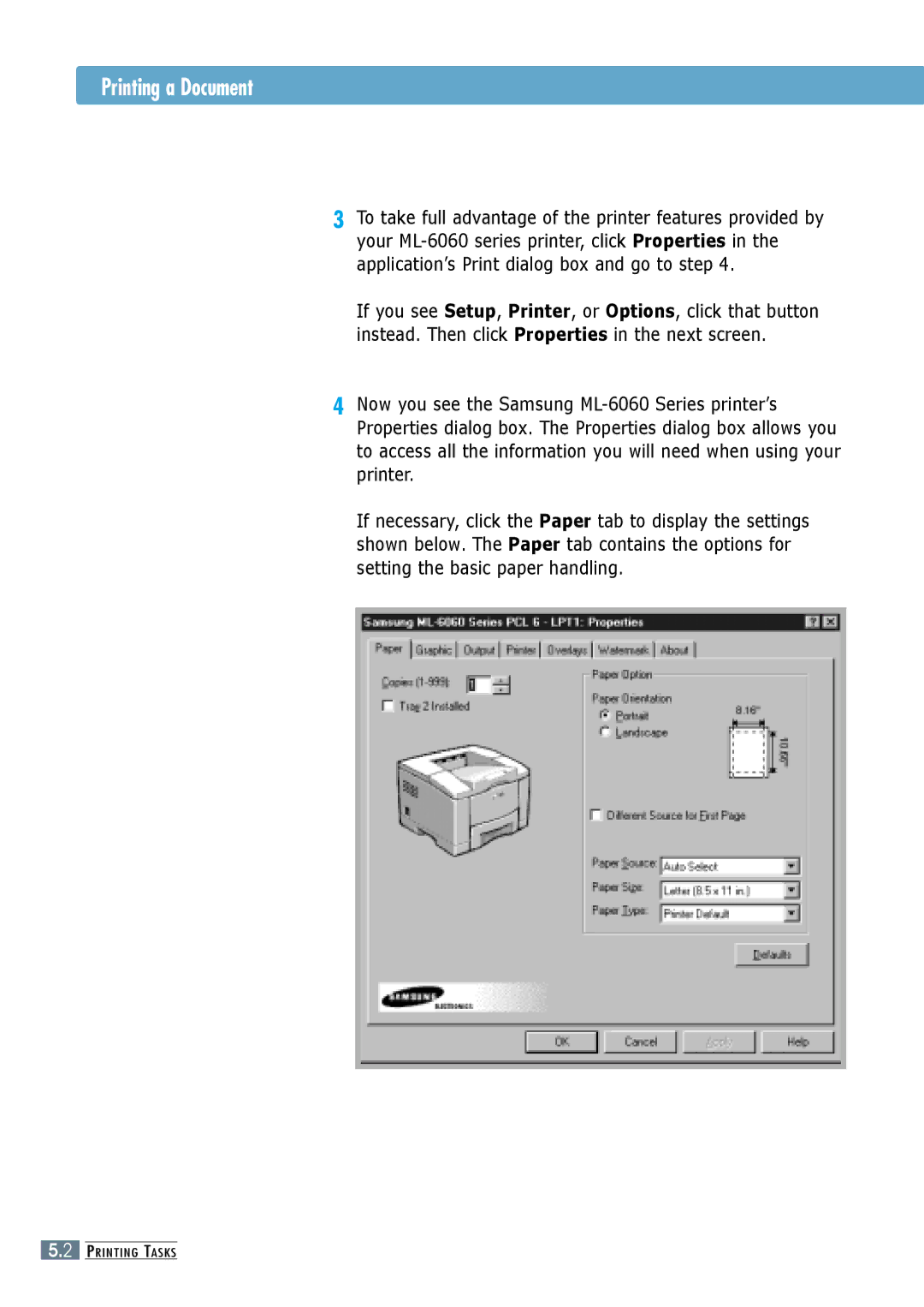 Samsung ML-6060S, ML-6060N manual Printing a Document 