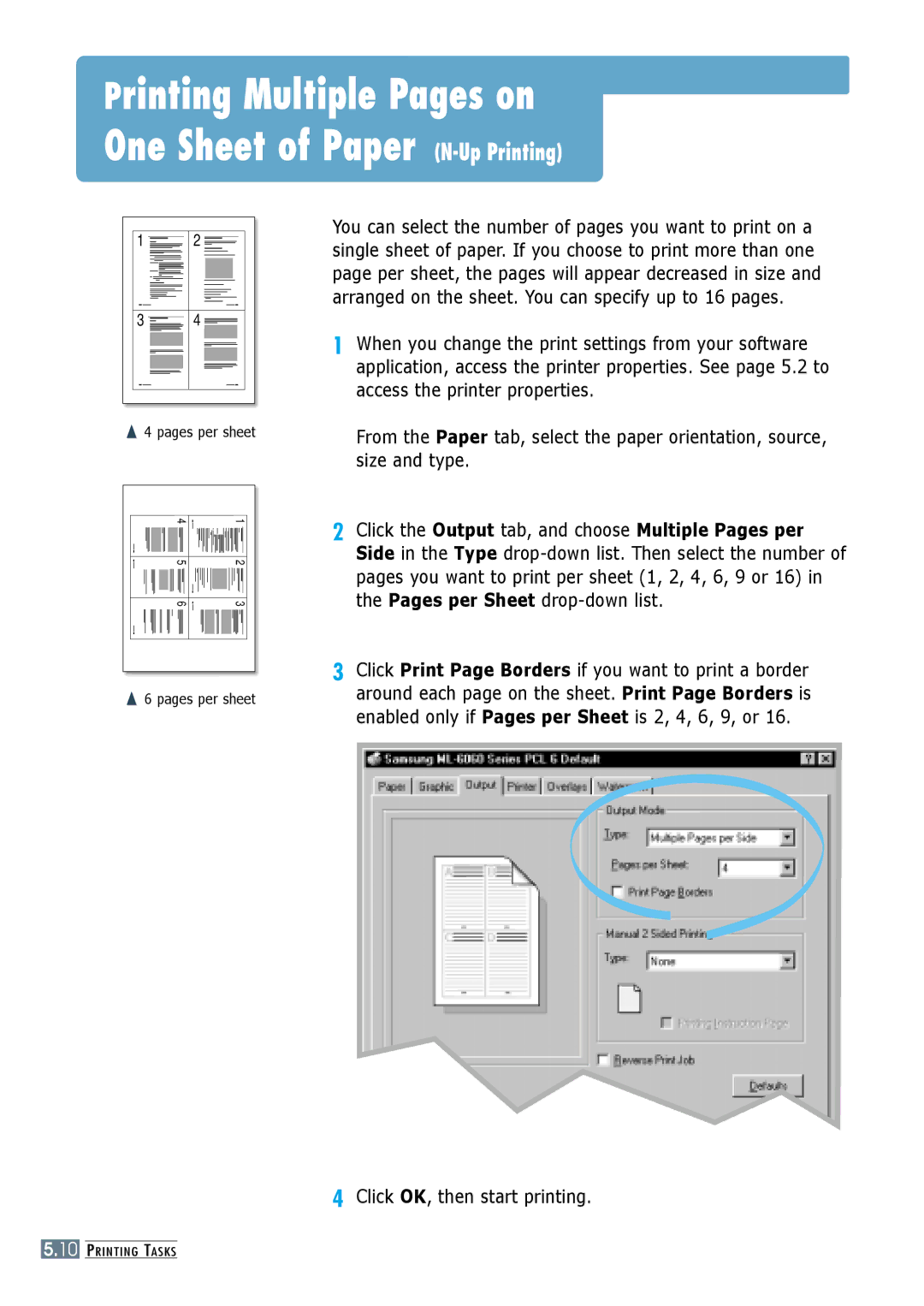 Samsung ML-6060S, ML-6060N manual Printing Multiple Pages on One Sheet of Paper N-Up Printing, Click OK, then start printing 