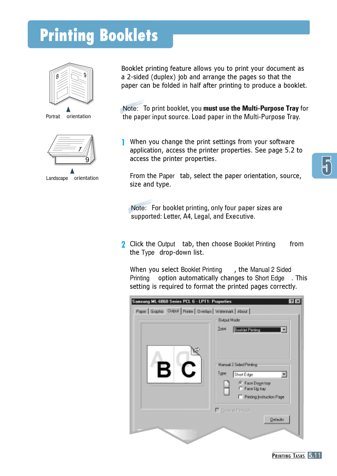 Samsung ML-6060S, ML-6060N manual Printing Booklets, Supported Letter, A4, Legal, and Executive 