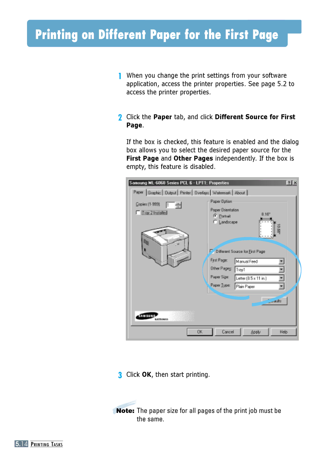 Samsung ML-6060S, ML-6060N manual Printing on Different Paper for the First 