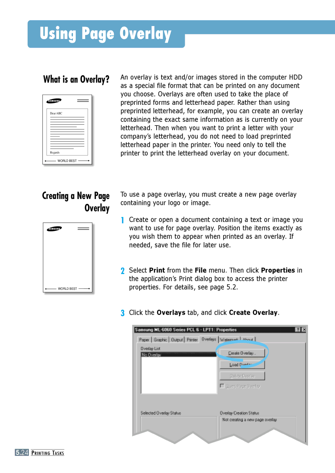 Samsung ML-6060N, ML-6060S manual Using Page Overlay, Click the Overlays tab, and click Create Overlay 