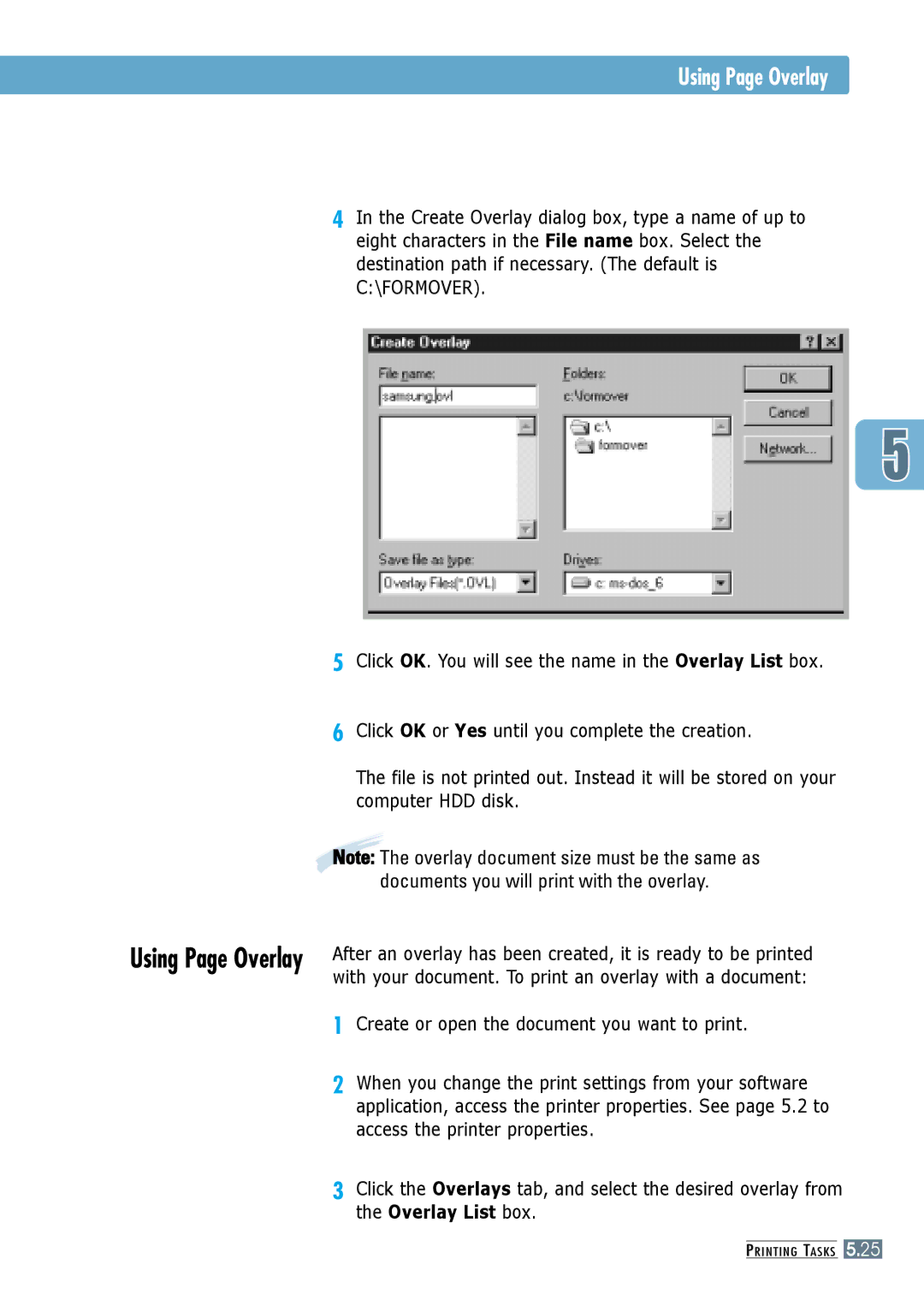 Samsung ML-6060S, ML-6060N manual Using Page Overlay, Create or open the document you want to print, Overlay List box 