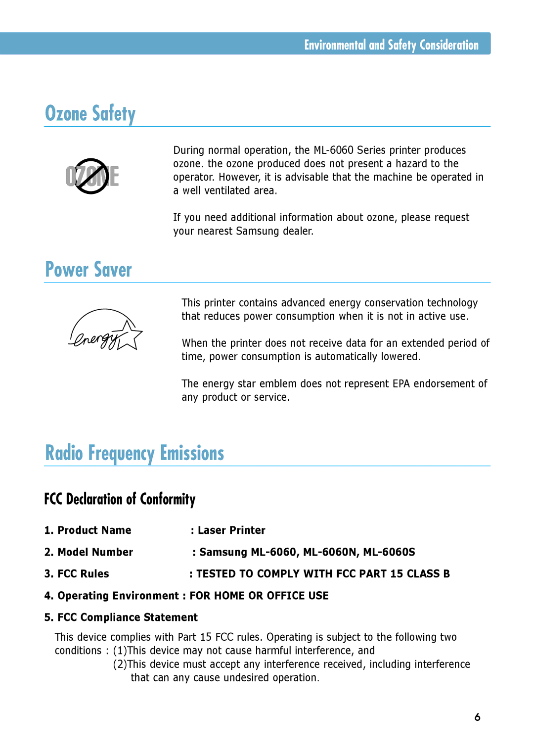 Samsung ML-6060N Ozone Safety, Power Saver, Radio Frequency Emissions, Product Name Laser Printer Model Number, FCC Rules 