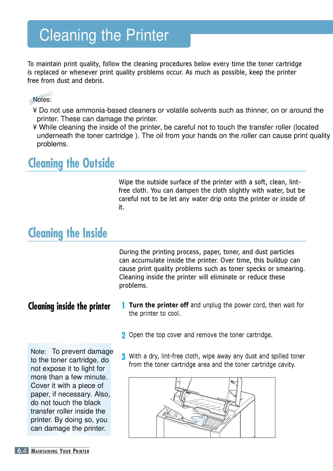 Samsung ML-6060S, ML-6060N manual Cleaning the Printer, Cleaning the Outside, Cleaning the Inside 