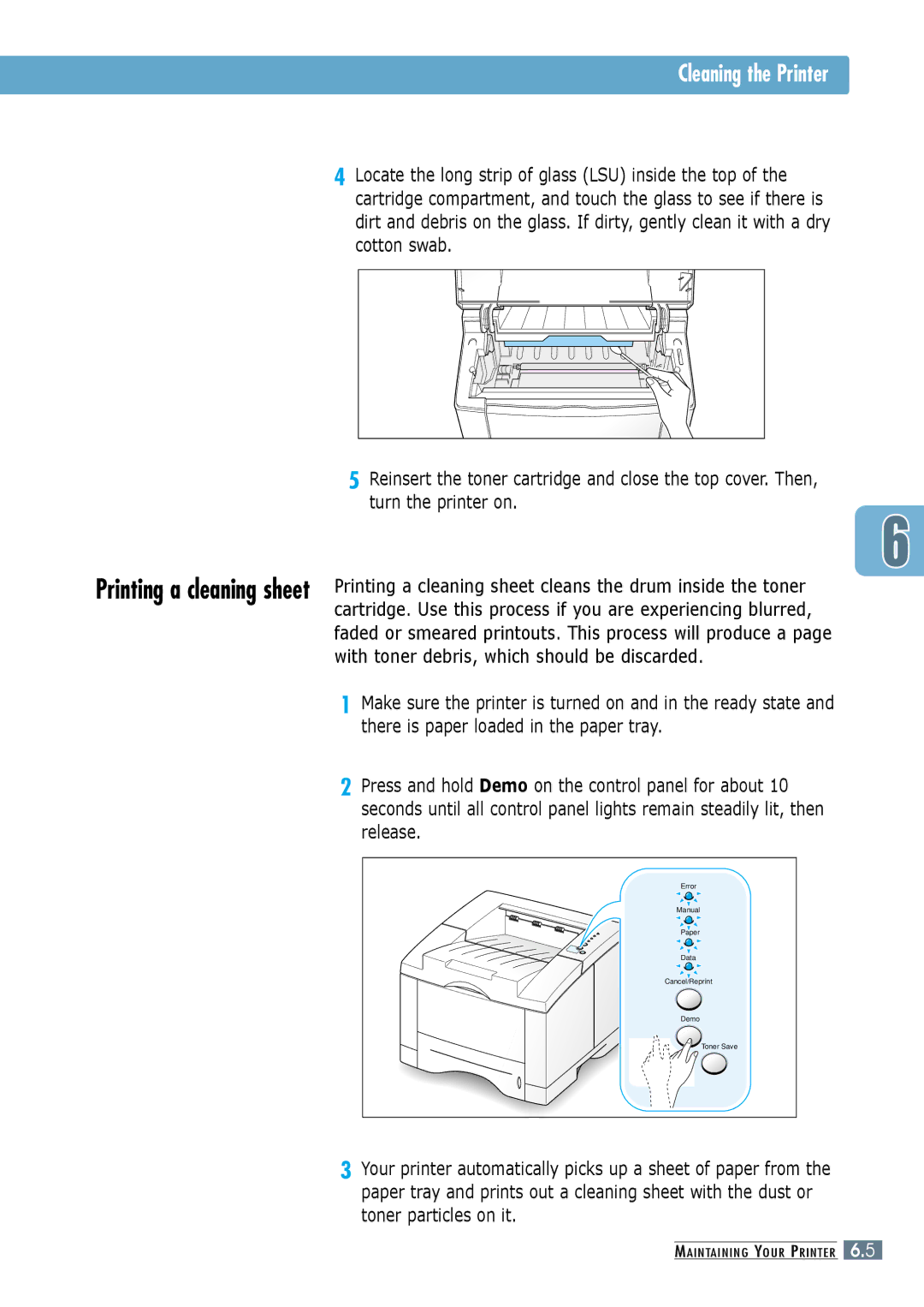 Samsung ML-6060N manual Cleaning the Printer, Turn the printer on, With toner debris, which should be discarded, Release 