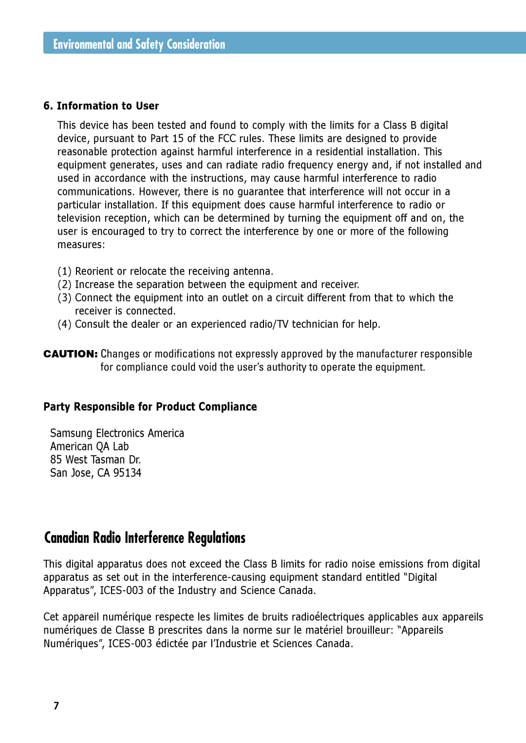 Samsung ML-6060S Environmental and Safety Consideration, Party Responsible for Product Compliance, Information to User 