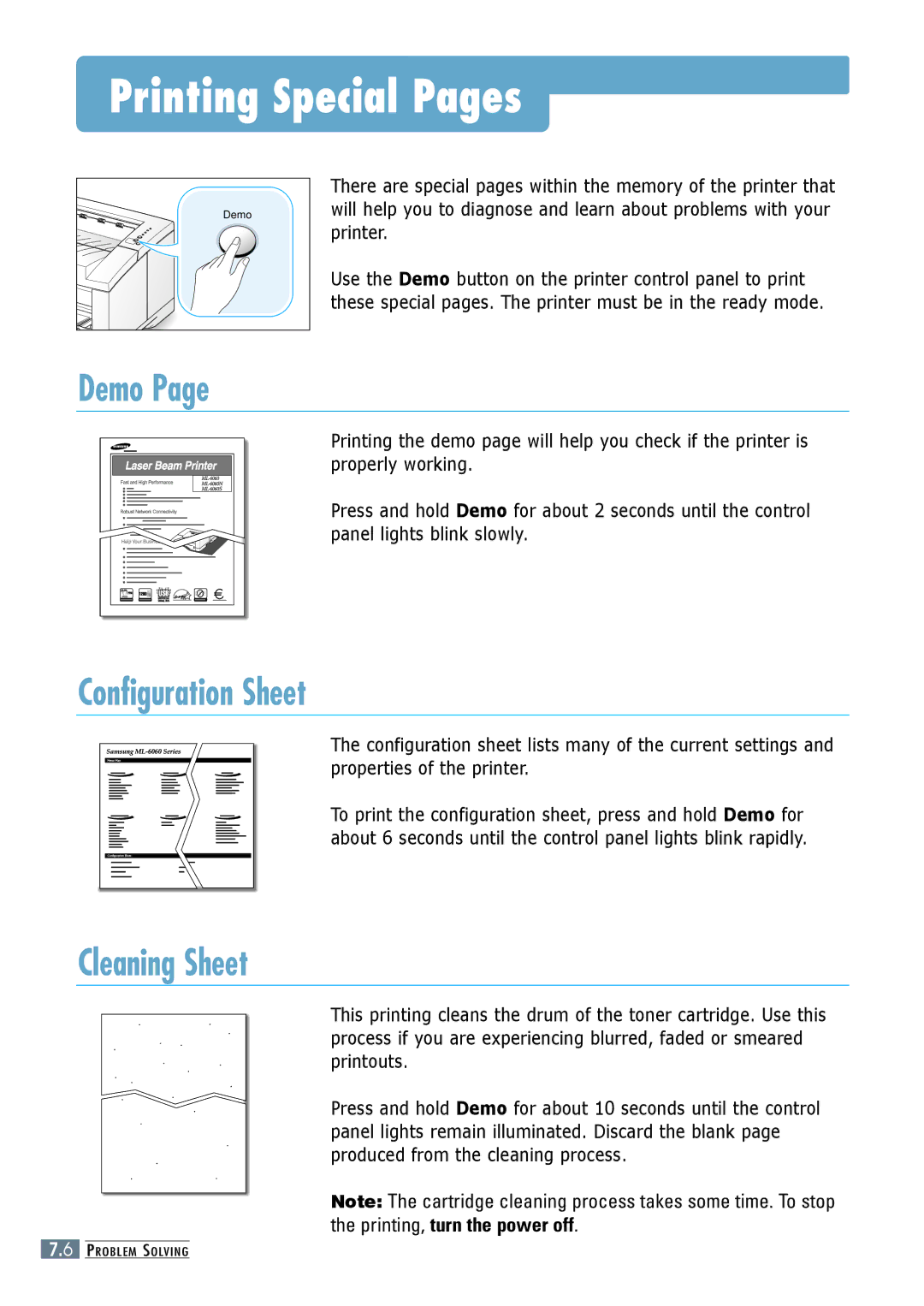 Samsung ML-6060S, ML-6060N manual Printing Special Pages, Demo, Configuration Sheet, Cleaning Sheet 